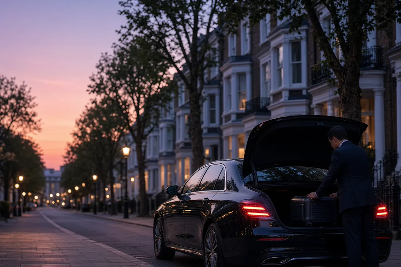 AZ Cars executive minicab collecting a passenger on a South West London street at dusk